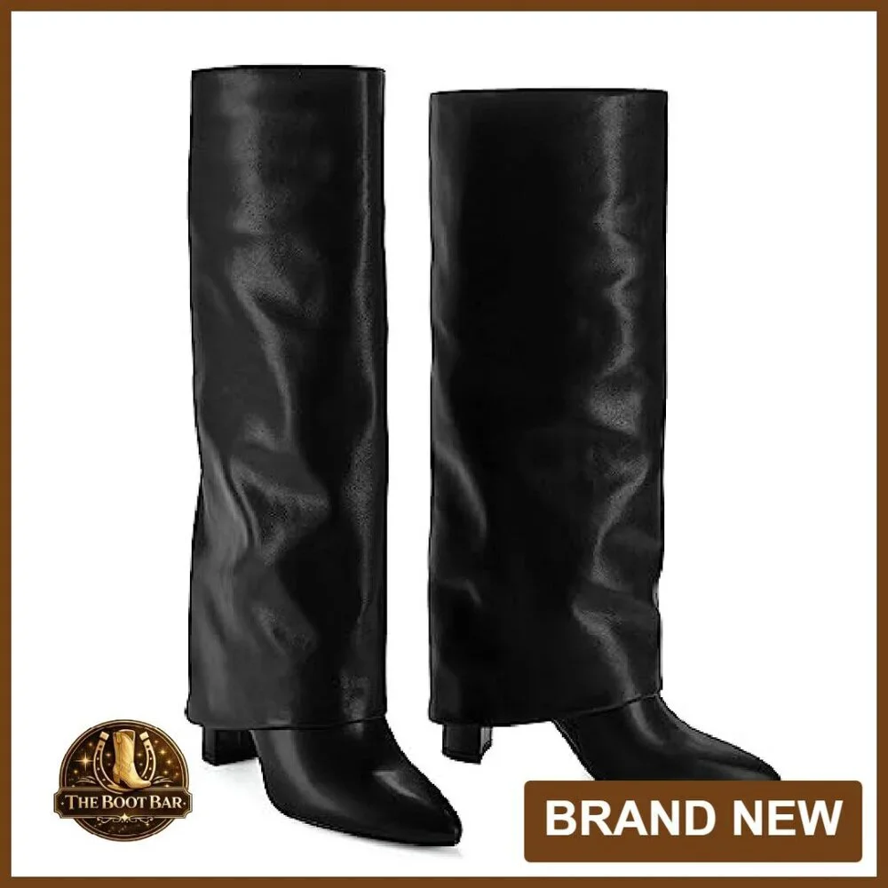 Knee High Boots Women Fold Over Chunky Heel Zipper Pointed Toe Dress Tall - Picture 5 of 8